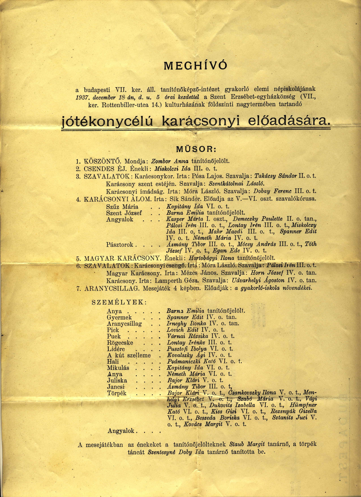 1937.12.18. meghívó (törpe Beszeda Boriska) Horváth Ferencné